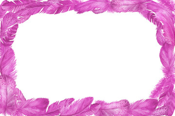 Frame, template with different pink bird feathers in Boho style. Watercolor hand drawn painting illustration, isolated on white background.