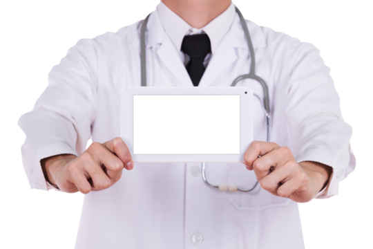 close-up doctor showing tablet computer blank screen on transparent background png file