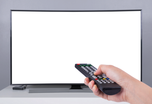 Hand holding TV remote control with LED TV and on transparent screen - Powered by Adobe