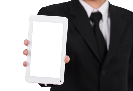Businessman holding a small tablet touch computer on transparent background png file