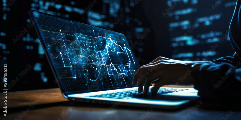 Poster a man using a laptop while pointing to graph