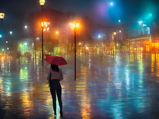 Young woman on night street at rainy weather in town with cars going along illuminated road with lampposts and crossroad, water puddles and flash lightning in dark sky, generative AI