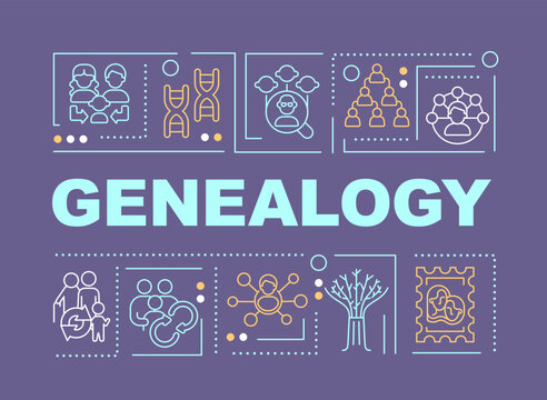 Genealogy Word Concepts Purple Banner. Family History Research. Infographics With Editable Icons On Color Background. Isolated Typography. Vector Illustration With Text. Arial-Black Font Used