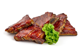 Roasted spicy ribs in a bbq or tomato sauce with herbs, isolated on a white background.