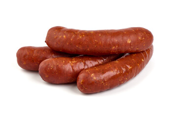 Smoked german sausages, isolated on white background.