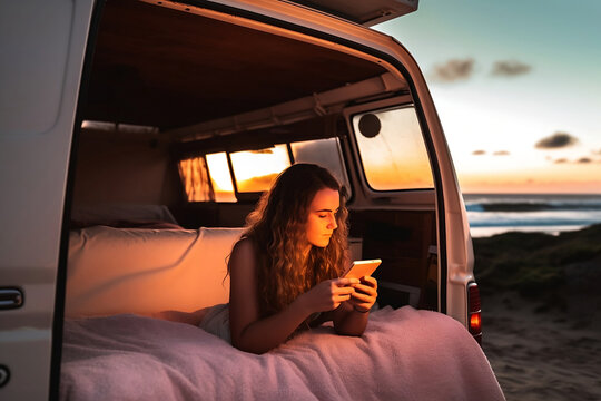 Young woman update photo to social media via phone lying on camper van near coat line beach at sunset, teen gen z waking up in morning checking phone in camping car, generative ai