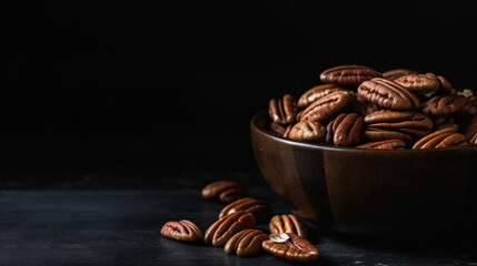 Pecan nuts in a bowl on a dark background. AI