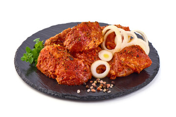 Pork kebab, ready to cook, BBQ, isolated on white background.