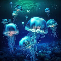 Illustration of several fluorescent blue jellyfish floating placidly in the sea.