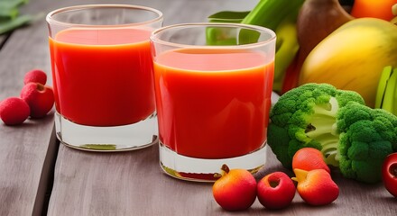 Glasses with fresh organic vegetable and fruit juices. Generative AI
