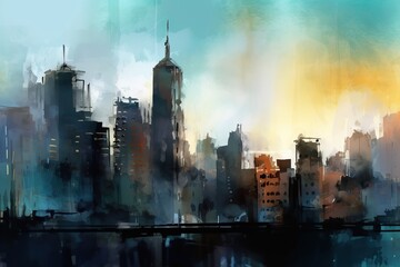 Watercolor painting of an abstract urban, cityscape, skyscraper scene with a sunset, grayish smog. Double exposure building. Digital art 3D illustration generative AI