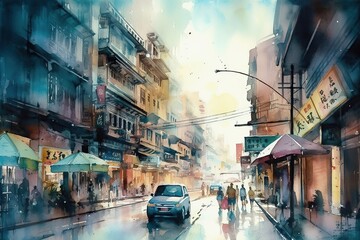 Watercolor painting of beautiful city. Landmark painting with colorful buildings, city transport, house, restaurant, cafe, plants, brick, tram, walkway, and rainy day for print, generative AI