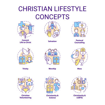 Christian lifestyle concept icons set. Culture of faith and religion. Worship idea thin line color illustrations. Isolated symbols. Editable stroke. Roboto-Medium, Myriad Pro-Bold fonts used