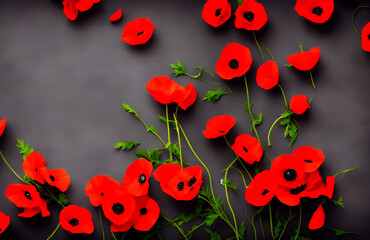 Anzac Day . Remembrance day banner. Poppy flower on black background. Copy space., generative AI
