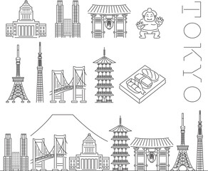 Fototapeta premium 東京の有名な観光地のシンプルなアイコンセット