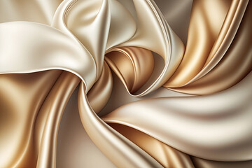 Beige abstract shiny plastic silk or satin wavy background. Generative AI.