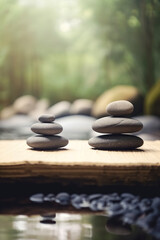 Balancing pebble stones background. Calm mediation and relaxation in Zen garden. Generative Ai.