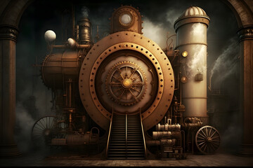 Fototapeta na wymiar steampunk industrial backdrop with gears and steam-powered machinery, Generative AI