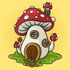 Cartoon mushroom amanita house pinup pop art retro raster illustration. Comic book style imitation.