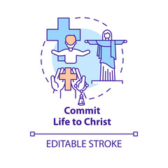 Naklejka premium Commit life to Christ concept icon. Trust in God. Becoming Christian reason abstract idea thin line illustration. Isolated outline drawing. Editable stroke. Arial, Myriad Pro-Bold fonts used