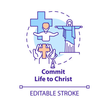 Commit life to Christ concept icon. Trust in God. Becoming Christian reason abstract idea thin line illustration. Isolated outline drawing. Editable stroke. Arial, Myriad Pro-Bold fonts used