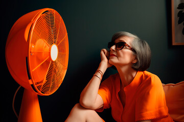 Fototapeta Senior woman in front of a fan indoors, orange tones. Heat in summer. Refreshing. Generate by ai obraz