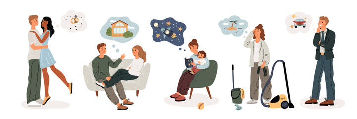 People dream. Men and women daydreaming. Desires and imagination. Couple with thoughts clouds over heads. Aspirations and plans. Persons imagining wedding and travel. Garish vector set