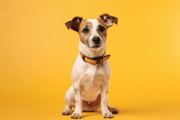 Energetic Jack Russell Terrier. Adorable full-body portrait of a Jack Russell Terrier on a pastel yellow background with space to text. Copy space. Pet concept AI Generative