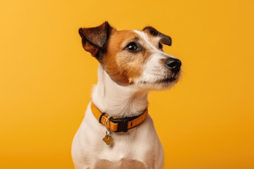 Energetic Jack Russell Terrier. Adorable portrait of a Jack Russell Terrier on a pastel yellow background. Copy space. Pet concept AI Generative
