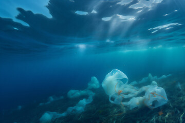 Fototapeta na wymiar Plastic in the ocean. Environmental problem of plastics. Protection of wildlife. Animals in danger.