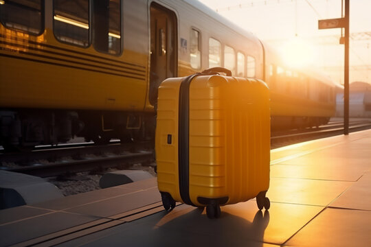 Yellow suitcase into the train station with a train blurred in the background at sunset. Generative AI.