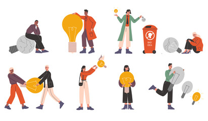 People interact with idea light bulbs. Glowing success and extinguished failure lamp. Inspiration lightbulb. Searching solution. Sad or happy characters. Persons brainstorm vector set