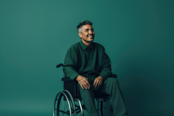 Breaking Barriers: Man in a wheelchair on green background with space for text. Copy space. Accessibility and  Inclusion concept - AI Generative