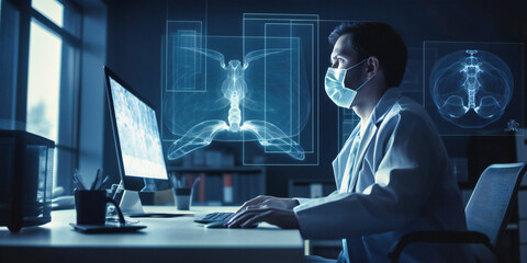 doctor sitting at a computer with an image of a person's lung and thorax