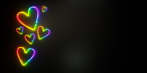 3D rendering of neon colorful glowing hearts