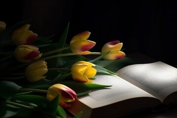 blurred illustration, a book and some tulips, generative ai