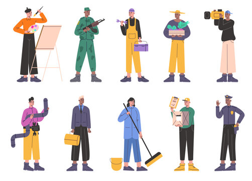Professions people. Men and women in job uniform. Representatives of various specialties. Gardener and painter. Soldier or deliveryman. Labor and career. Vector isolated workers set