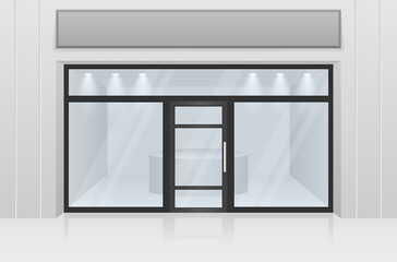 Set of modern entrance doors black. Store facade with storefront and exhibition lights. With tinted transparent glass.