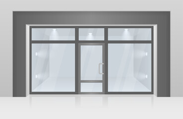 Shopping center mall entrance automatic doors with reflection and black frame. Glass entrance door. 