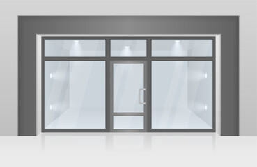 Shopping center mall entrance automatic doors with reflection and black frame. Glass entrance door. 