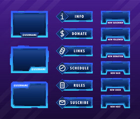 Twitch stream panels collection. Streamer gamer interface template , video stream tags and broadcast digital menu for FAQ, chat or music player. Purple gaming panel set design.