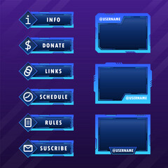 Overlay game stream interface, neon screen panel frames, vector live twitch UI buttons.