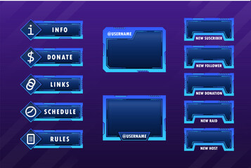 Twitch stream panels collection. Streamer gamer interface template , video stream tags and broadcast digital menu for FAQ, chat or music player. Purple gaming panel set design.