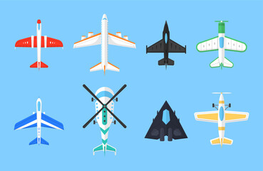 Propeller plane in different views. Small light aircraft with single engine