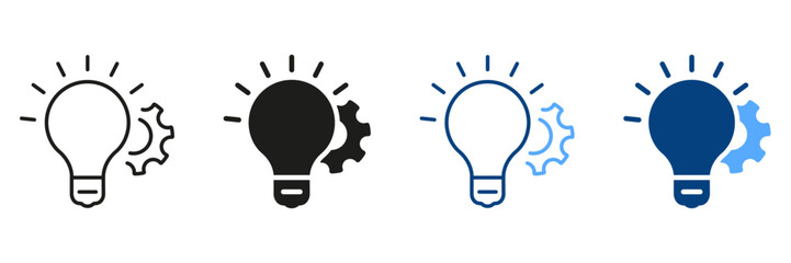 Power of Creativity Solution Line and Silhouette Icon Set. Lightbulb and Gear Idea Concept Symbol Collection. Technology Innovation Light Bulb, Cog Wheel Pictogram. Isolated Vector Illustration