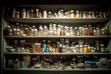 A medication cabinet, shelf after shelf lined with pill bottles. Prescription medication use is at an all time high, a quick fix for problems that run deeper. Generative AI