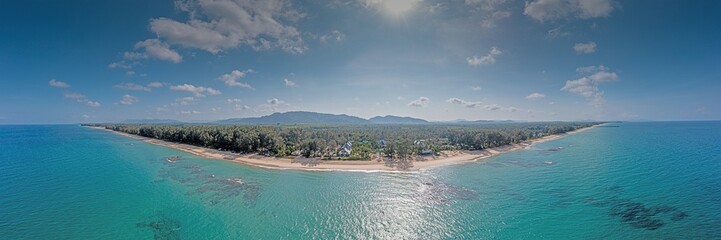 Drone panorama over Thai Natai Beach with mouth of Bo Dan River