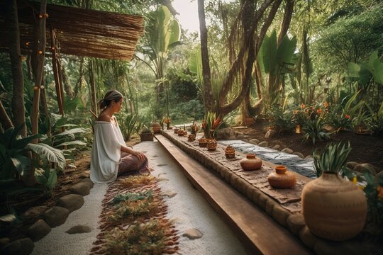A wellness retreat nestled in nature, ceremonies and journeys with decoctions and elixirs containing powerful visionary plants like San Pedro, Iboga and Datura. Generative AI