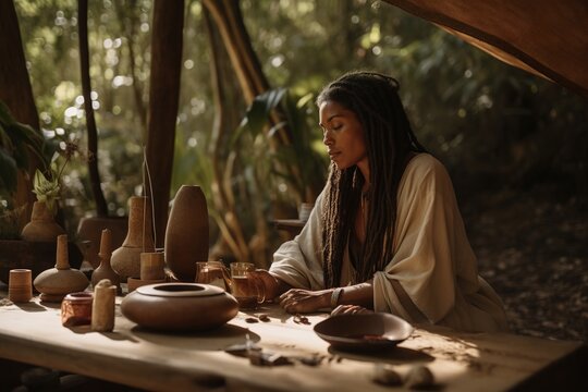 A wellness retreat nestled in nature, ceremonies and journeys with decoctions and elixirs containing powerful visionary plants like San Pedro, Iboga and Datura. Generative AI