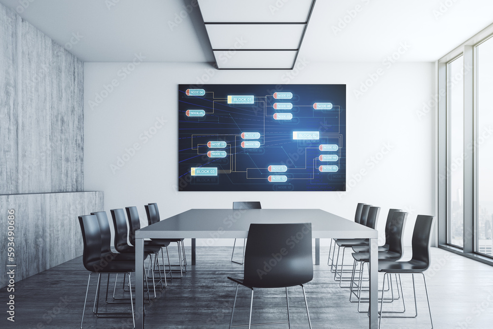 Poster abstract graphic coding sketch on tv display in a modern presentation room, big data and networking 
